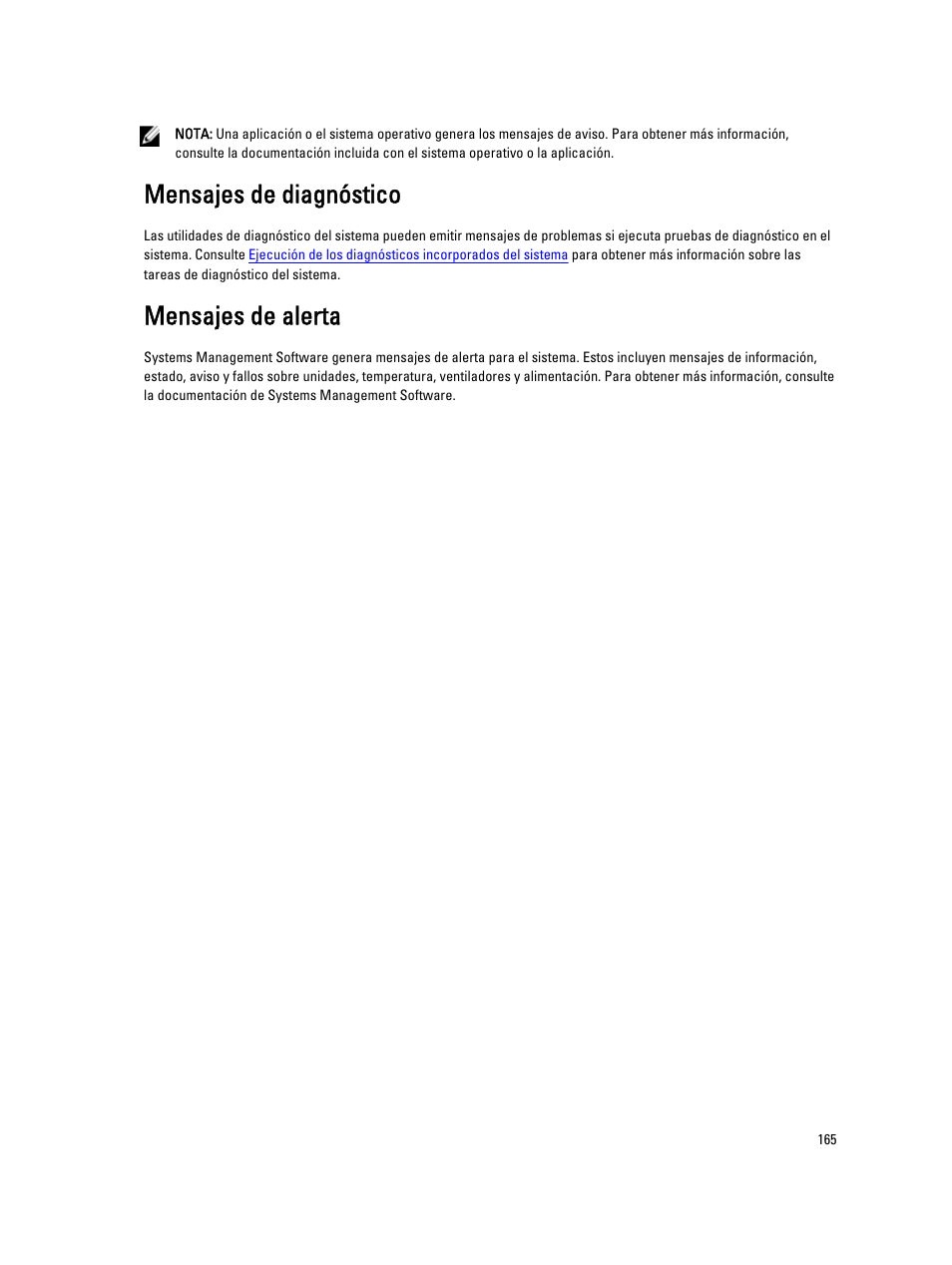 Mensajes de diagnóstico, Mensajes de alerta | Dell PowerEdge VRTX User Manual | Page 165 / 167