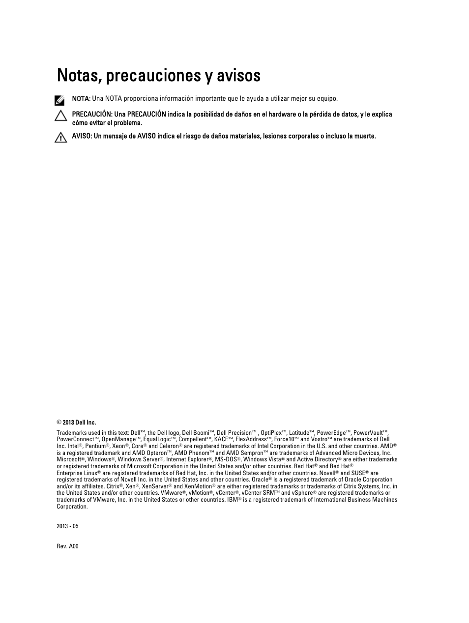 Notas, precauciones y avisos | Dell PowerEdge VRTX User Manual | Page 2 / 167