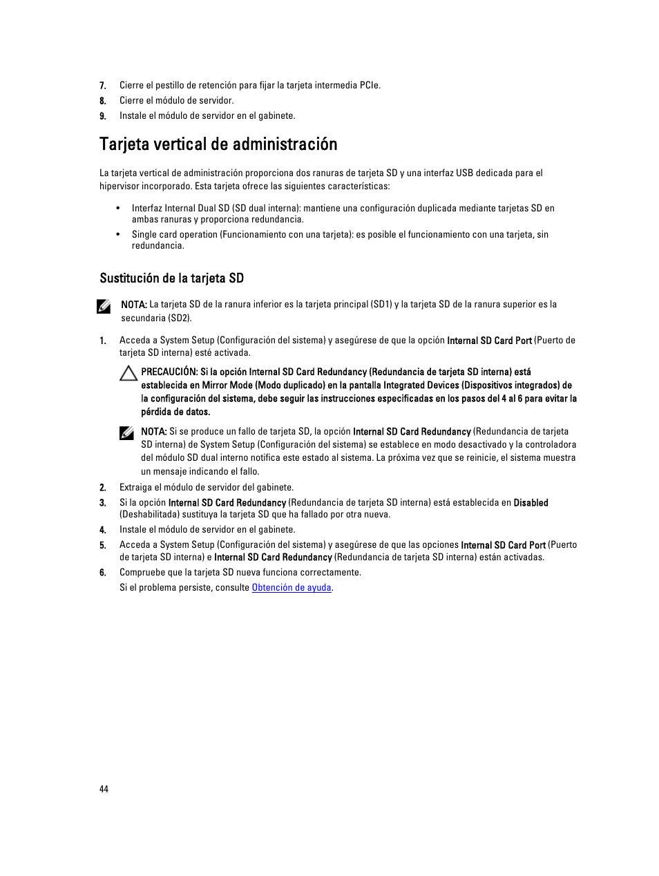 Tarjeta vertical de administración, Sustitución de la tarjeta sd | Dell PowerEdge VRTX User Manual | Page 44 / 167