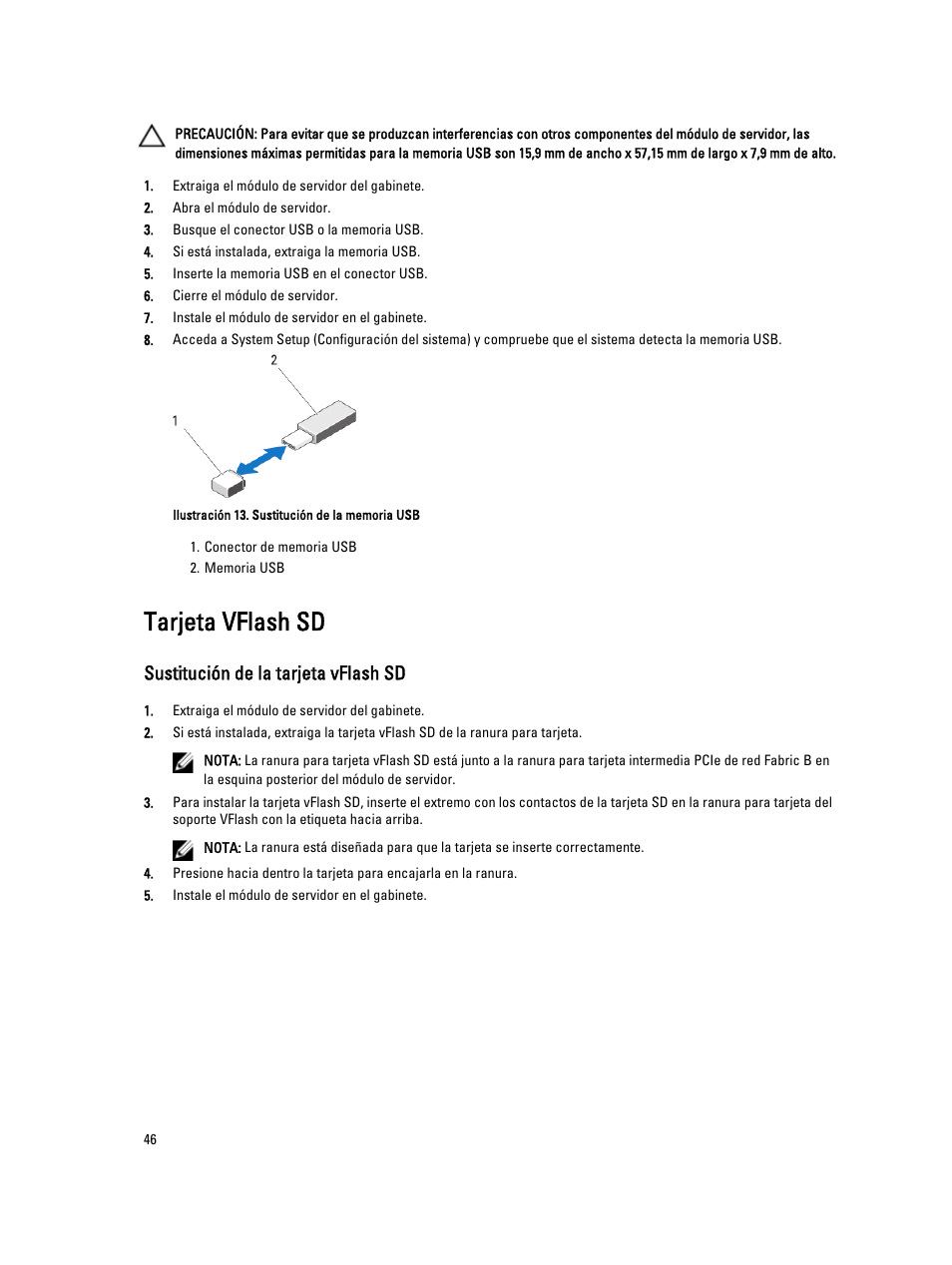 Tarjeta vflash sd, Sustitución de la tarjeta vflash sd | Dell PowerEdge VRTX User Manual | Page 46 / 167