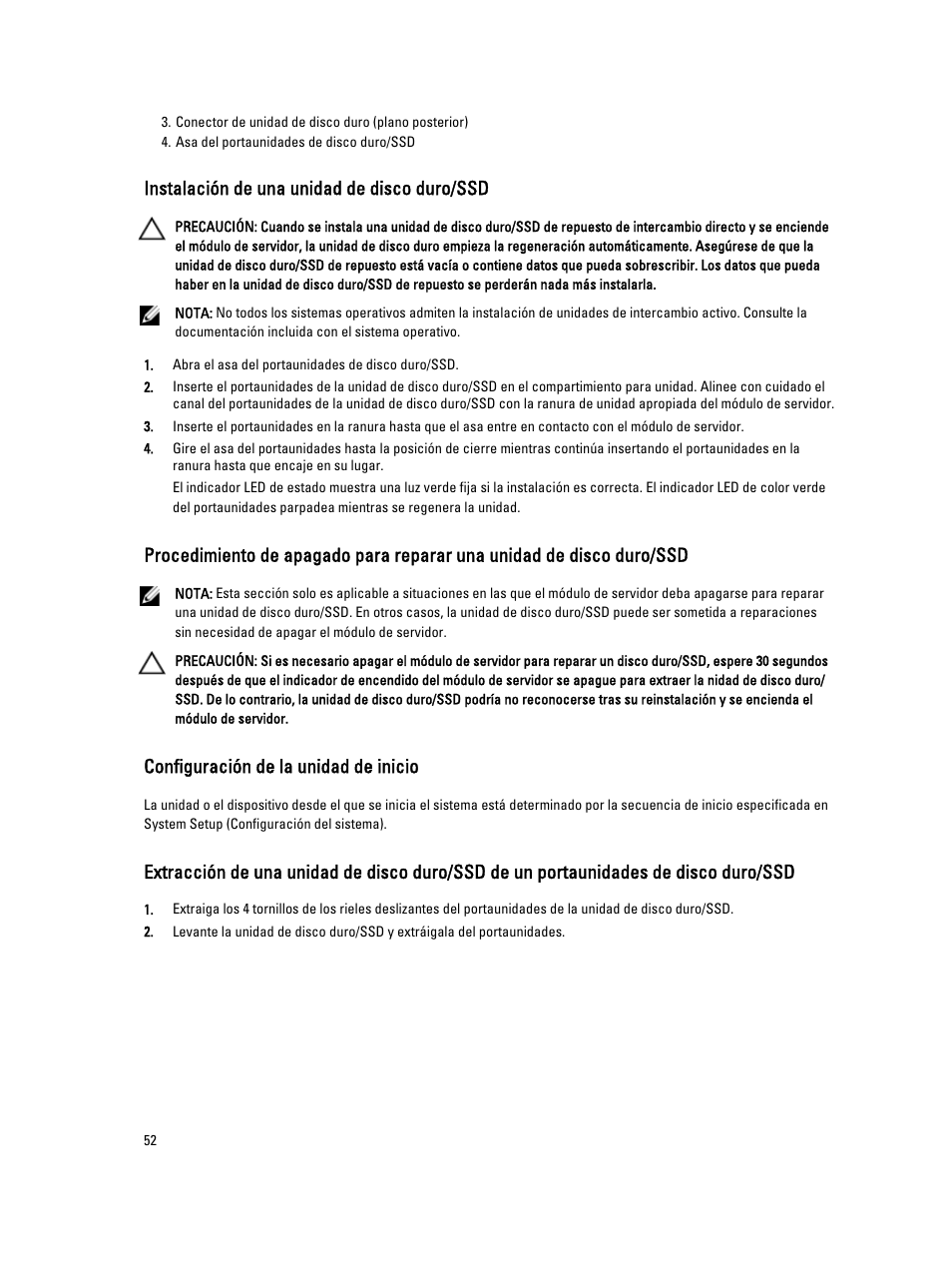 Instalación de una unidad de disco duro/ssd, Configuración de la unidad de inicio | Dell PowerEdge VRTX User Manual | Page 52 / 167