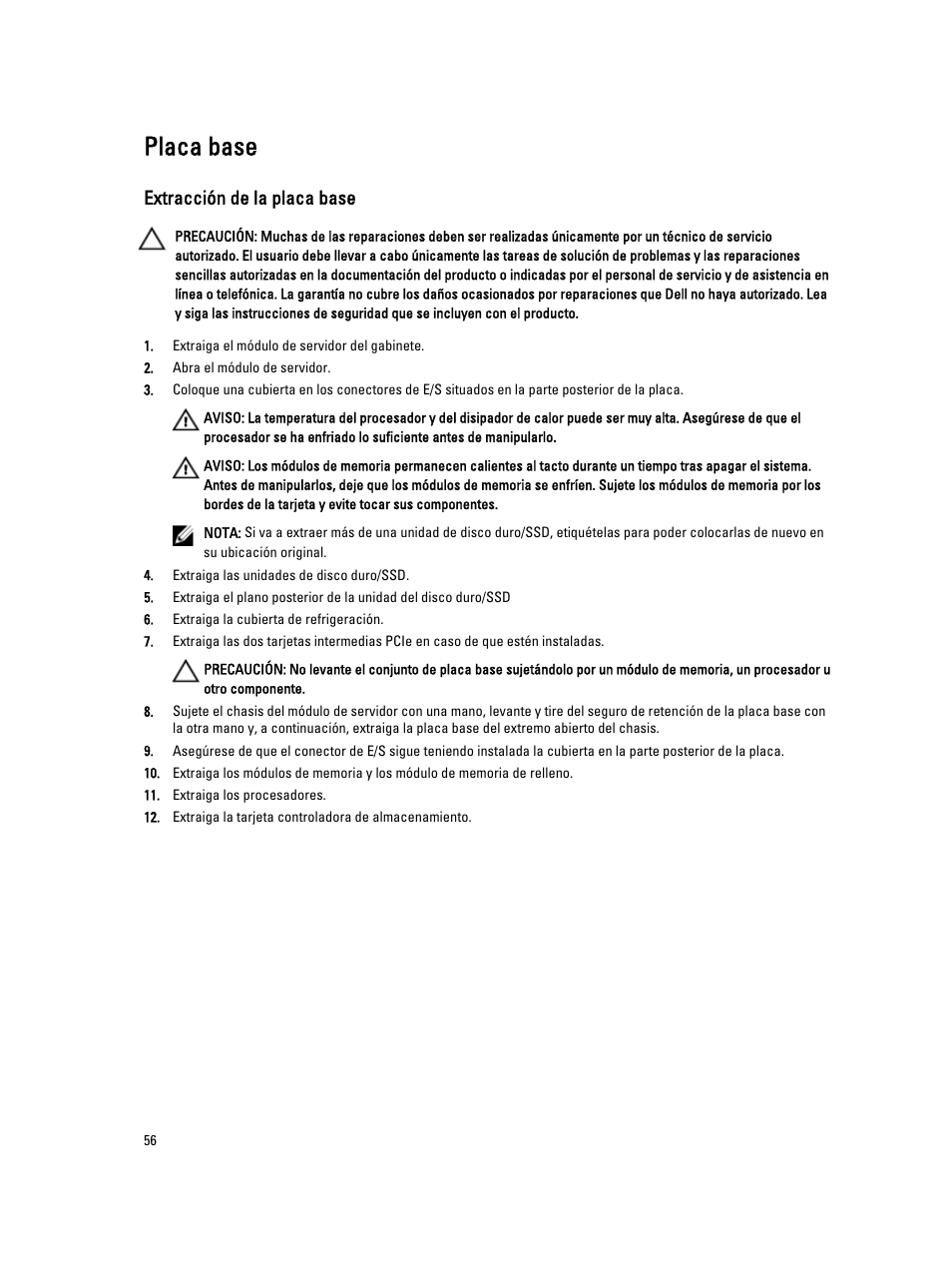 Placa base, Extracción de la placa base | Dell PowerEdge VRTX User Manual | Page 56 / 167