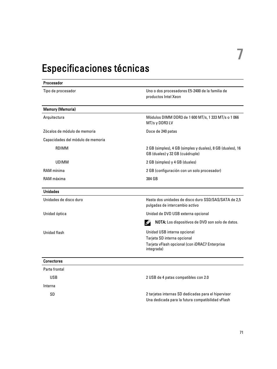 Especificaciones técnicas, 7 especificaciones técnicas | Dell PowerEdge VRTX User Manual | Page 71 / 167