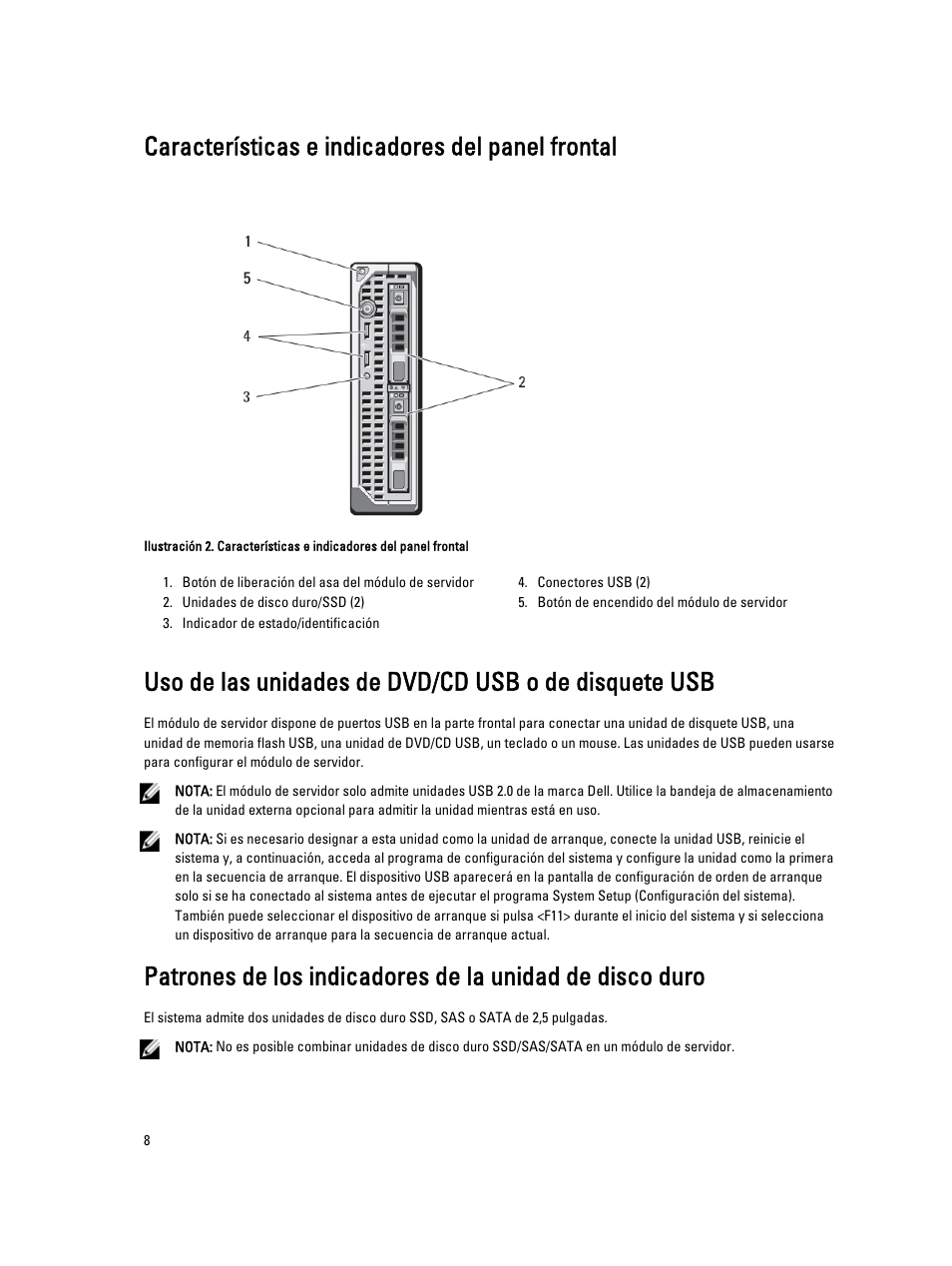 Características e indicadores del panel frontal | Dell PowerEdge VRTX User Manual | Page 8 / 167