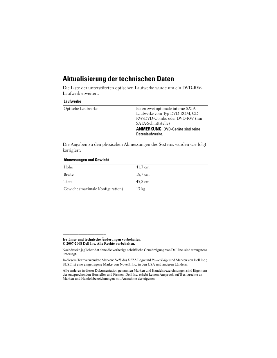 Aktualisierung der technischen daten | Dell PowerEdge T105 User Manual | Page 13 / 22