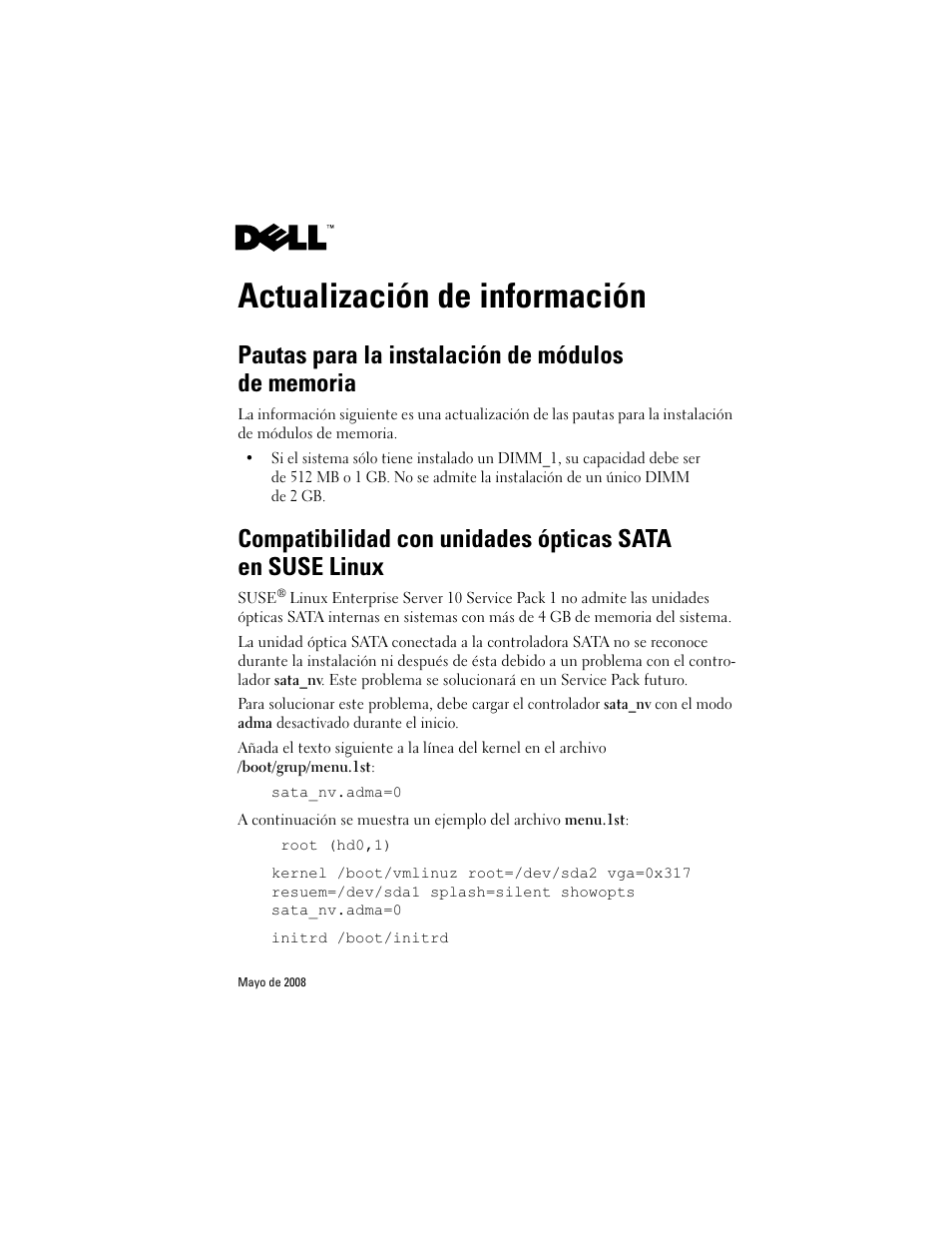 Actualización de información, Pautas para la instalación de módulos de memoria | Dell PowerEdge T105 User Manual | Page 20 / 22