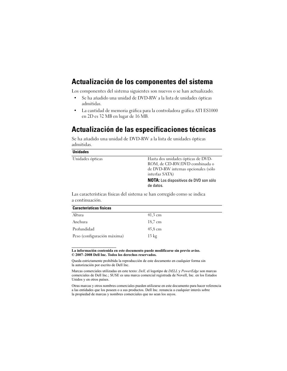 Actualización de los componentes del sistema, Actualización de las especificaciones técnicas | Dell PowerEdge T105 User Manual | Page 22 / 22