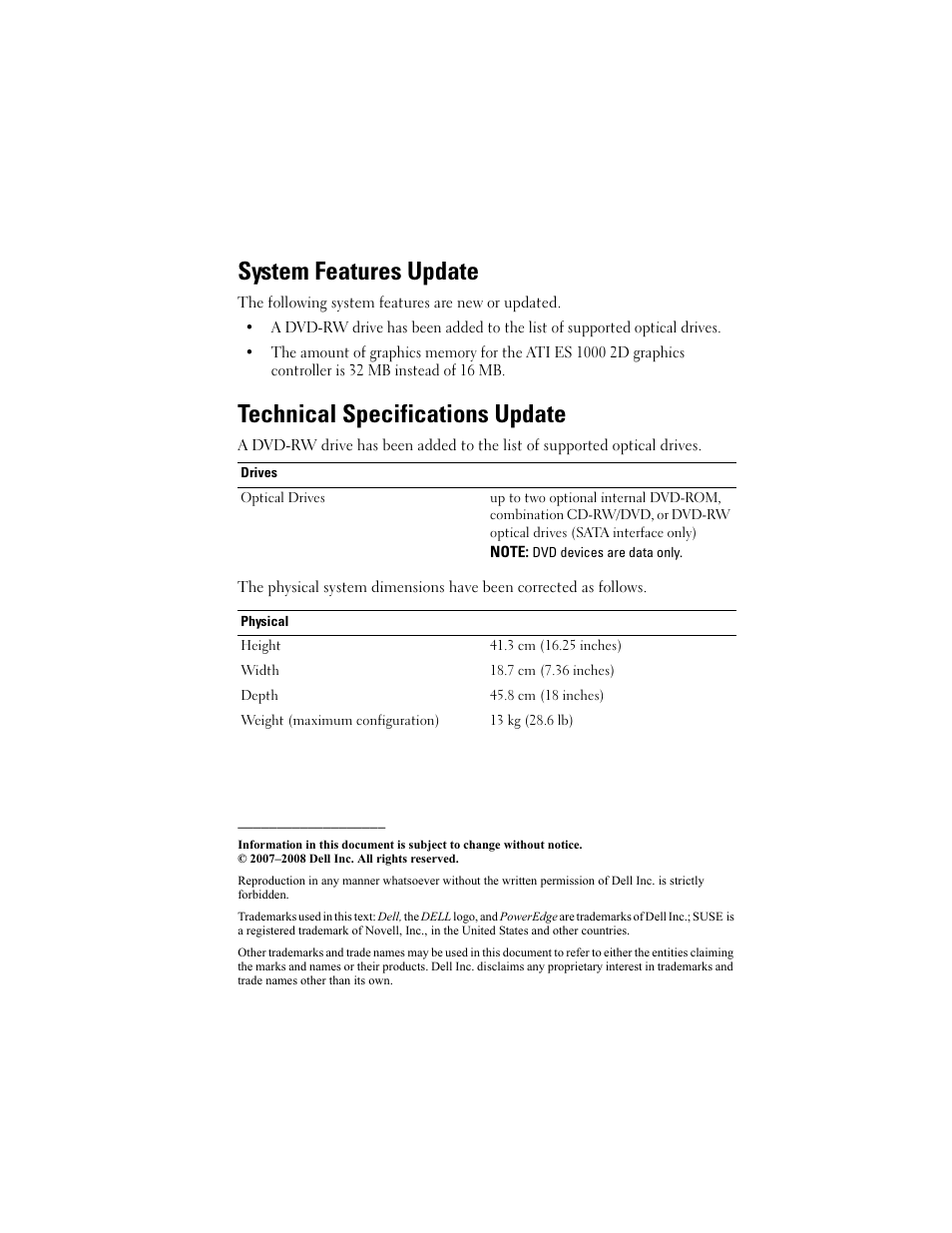 System features update, Technical specifications update | Dell PowerEdge T105 User Manual | Page 3 / 22
