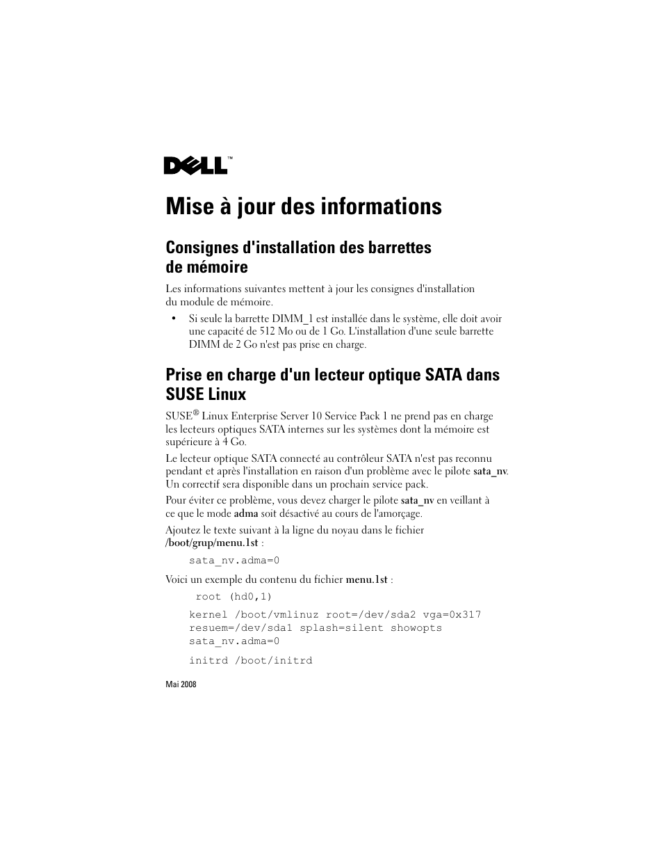 Mise à jour des informations, Consignes d'installation des barrettes de mémoire | Dell PowerEdge T105 User Manual | Page 7 / 22