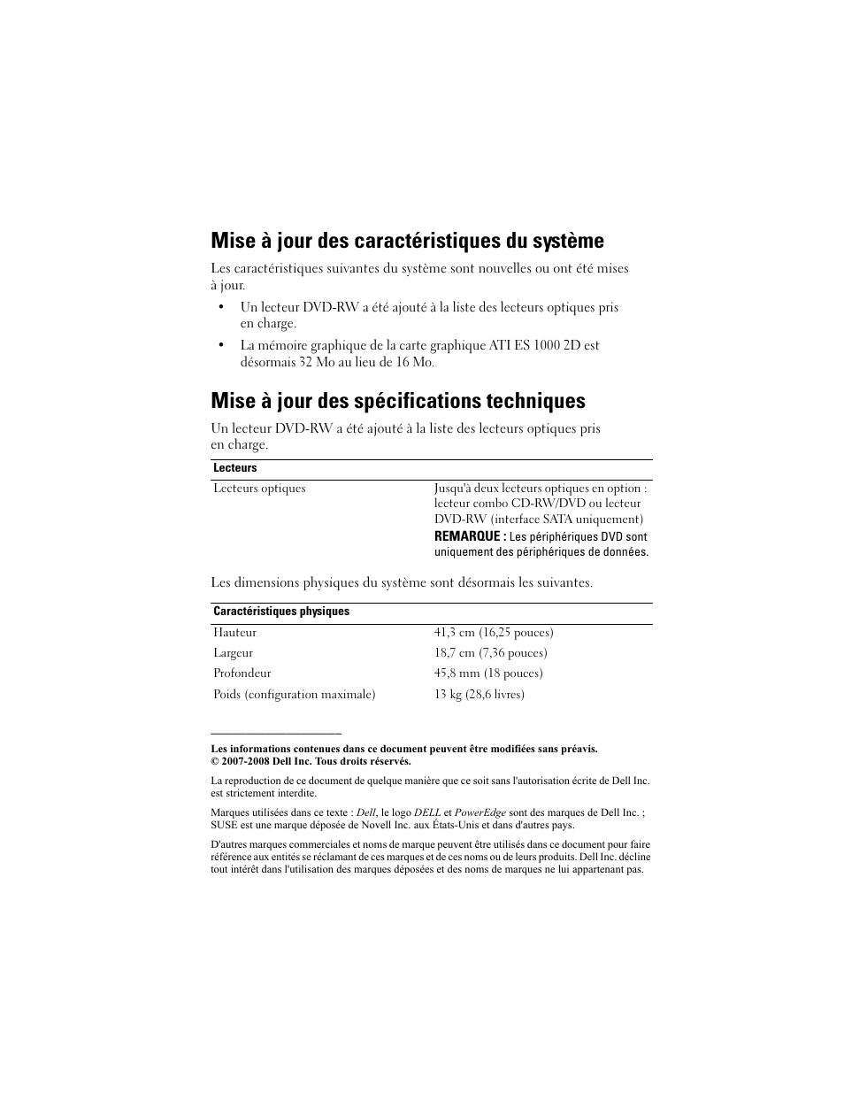 Mise à jour des caractéristiques du système, Mise à jour des spécifications techniques | Dell PowerEdge T105 User Manual | Page 9 / 22