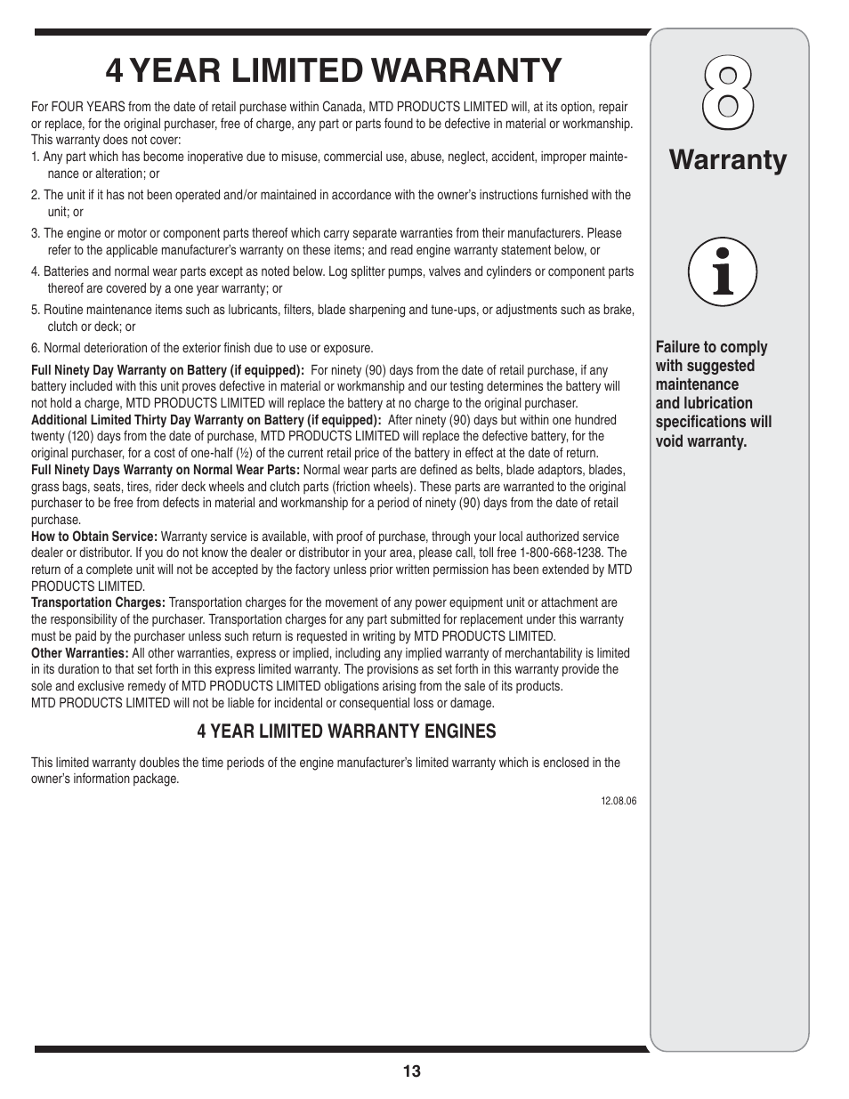 4 year limited warranty, Warranty | Bolens 2P5 User Manual | Page 13 / 32