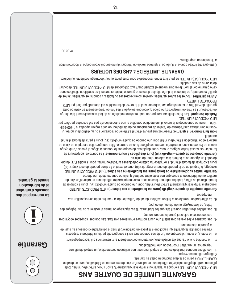 Garantie, Garantie limitée de qu atre ans, Gar ant ie l im ité e de 4 a ns d es m ote urs | Bolens 2P5 User Manual | Page 20 / 32