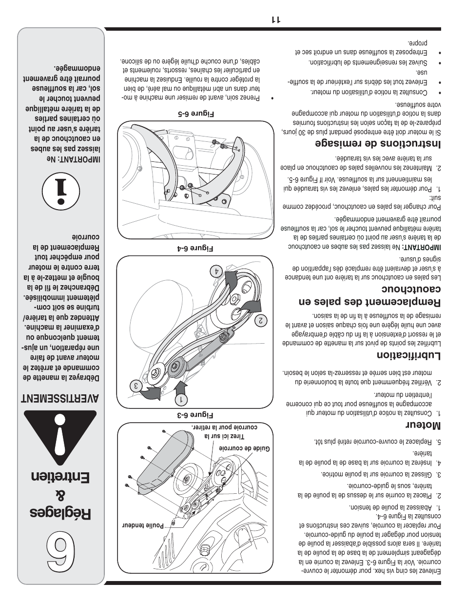 Réglages & entretien, Aver tissement, Moteur | Lubrification, Remplacement des pales en caoutchouc, Instructions de remisag e | Bolens 2P5 User Manual | Page 22 / 32