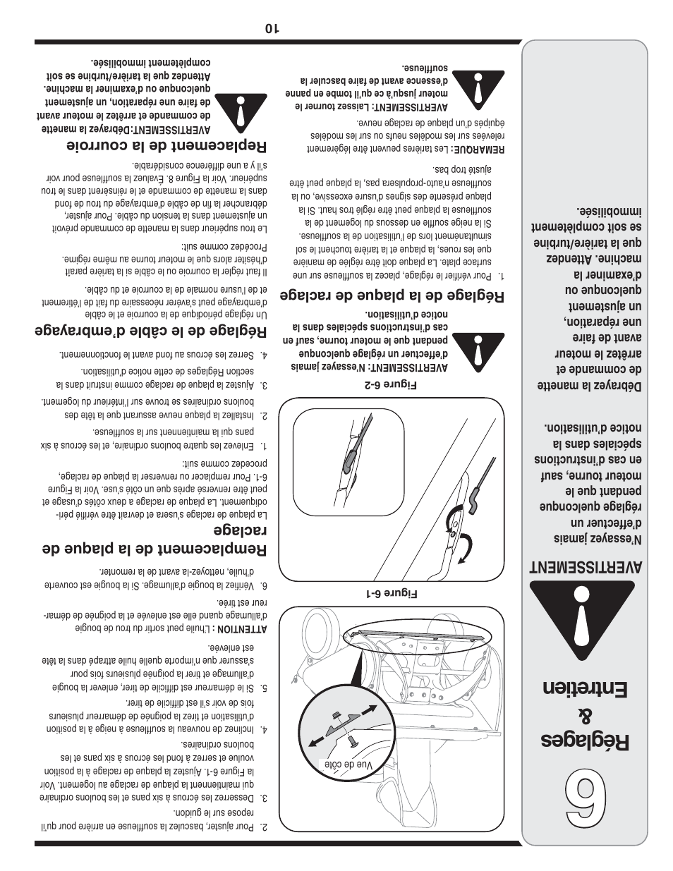 Réglages & entretien, Aver tissement, Réglag e de la plaque de racla ge | Remplacement de la plaque de racla ge, Réglag e de le câb le d’embra yag e, Replacement de la courroie | Bolens 2P5 User Manual | Page 23 / 32