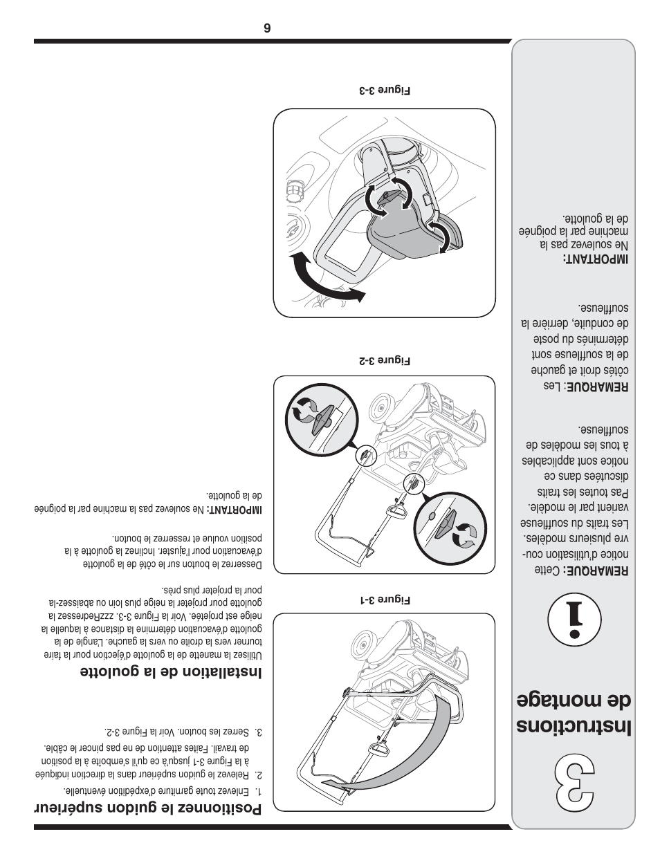 Ins tru ctio ns de montage, Positionnez le guidon supérieur, Installation de la goulotte | Bolens 2P5 User Manual | Page 27 / 32