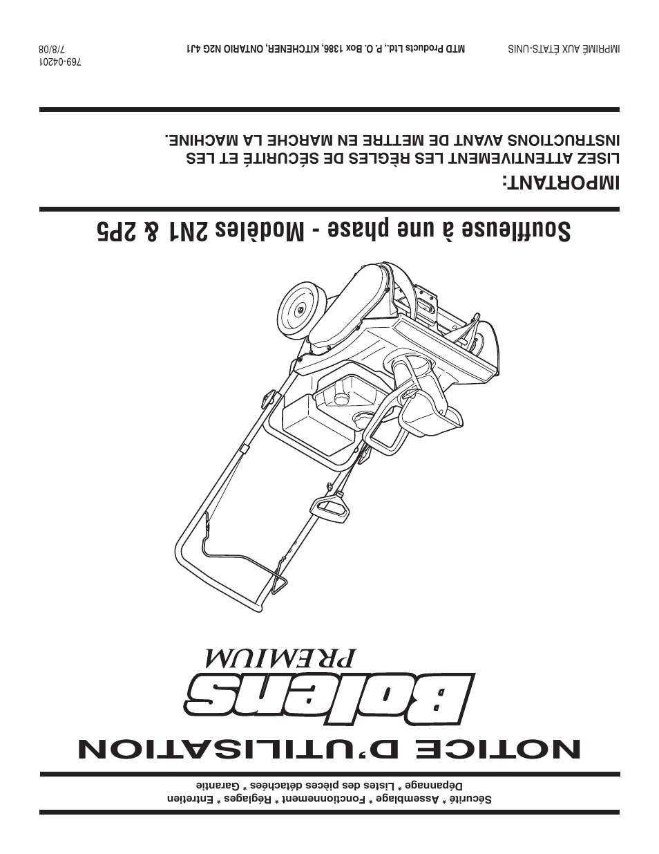 Notice d’utilisa tion, Souffleuse à une phase - modèles 2n1 & 2p5, Important | Bolens 2P5 User Manual | Page 32 / 32