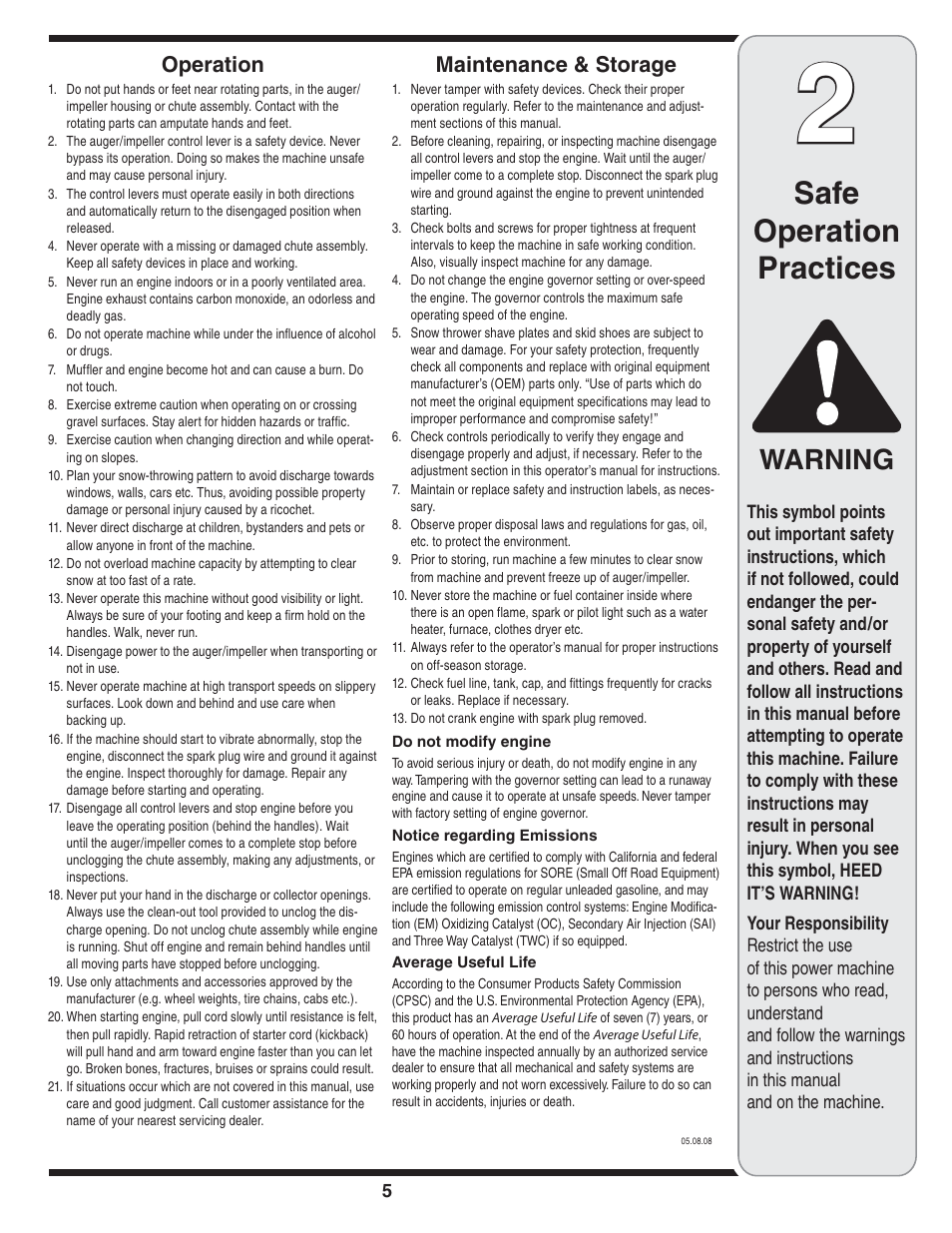 Safe operation practices, Warning, Operation | Maintenance & storage | Bolens 2P5 User Manual | Page 5 / 32