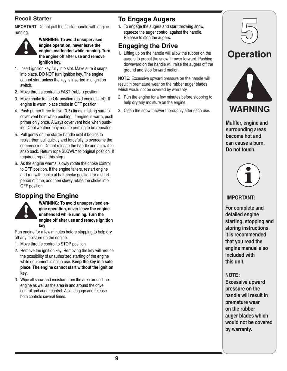 Operation, Warning | Bolens 2P5 User Manual | Page 9 / 32