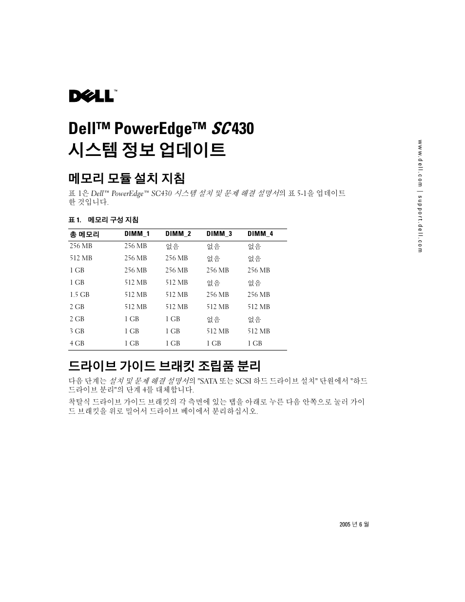 Dell™ poweredge™ sc 430 시스템 정보 업데이트, 메모리 모듈 설치 지침, 드라이브 가이드 브래킷 조립품 분리 | Dell PowerEdge SC 430 User Manual | Page 11 / 14