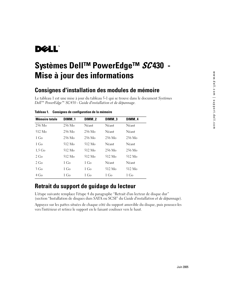 Consignes d'installation des modules de mémoire, Retrait du support de guidage du lecteur | Dell PowerEdge SC 430 User Manual | Page 5 / 14