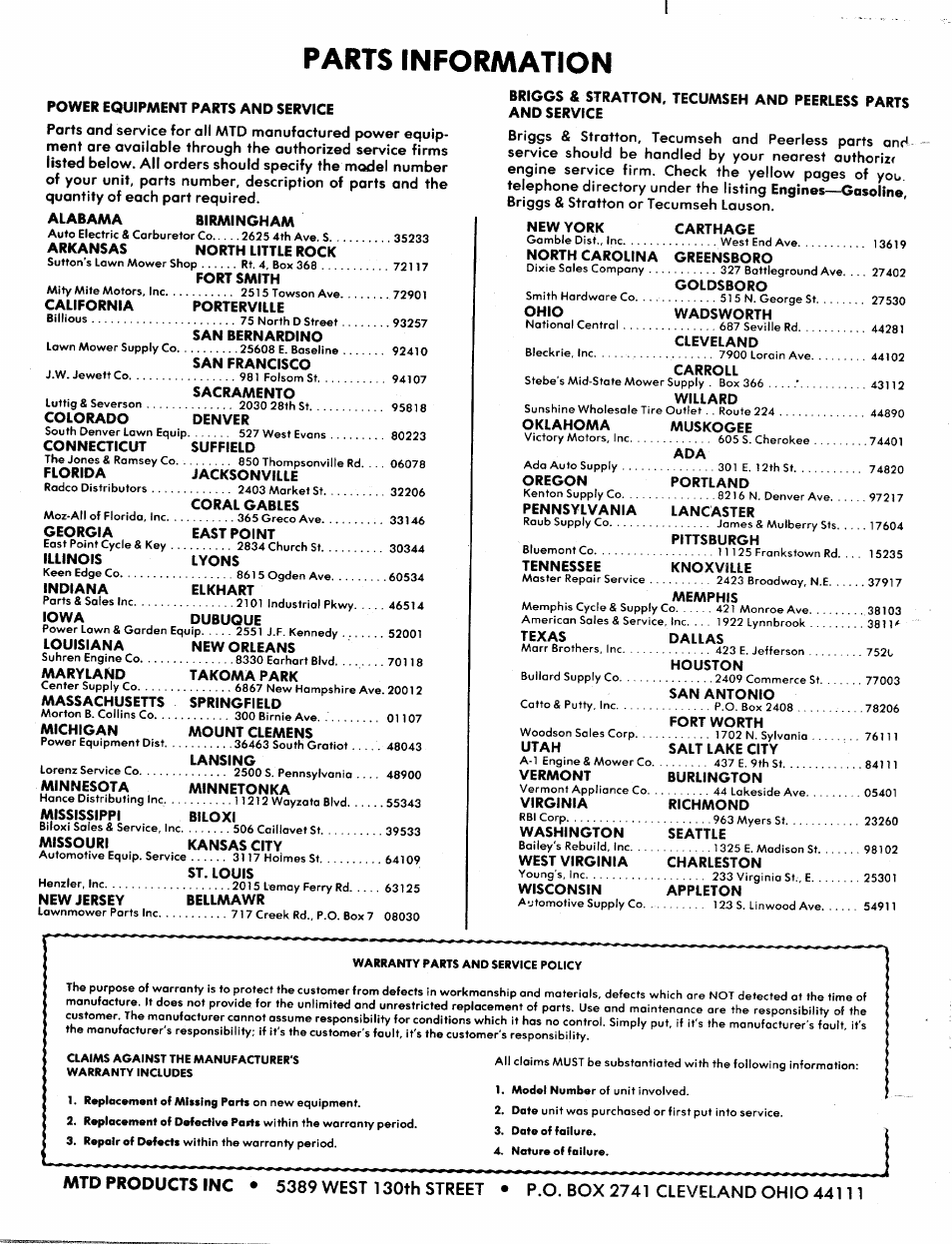 Parts tnformation, Power equipment parts and service, Alabama birmingham | New jersey bellmawr, Mtd products inc | Bolens 248-645A User Manual | Page 19 / 19