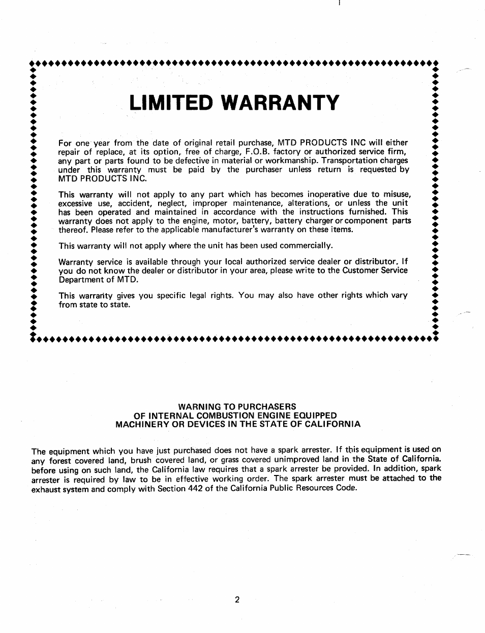 Limited warranty | Bolens 248-645A User Manual | Page 2 / 19