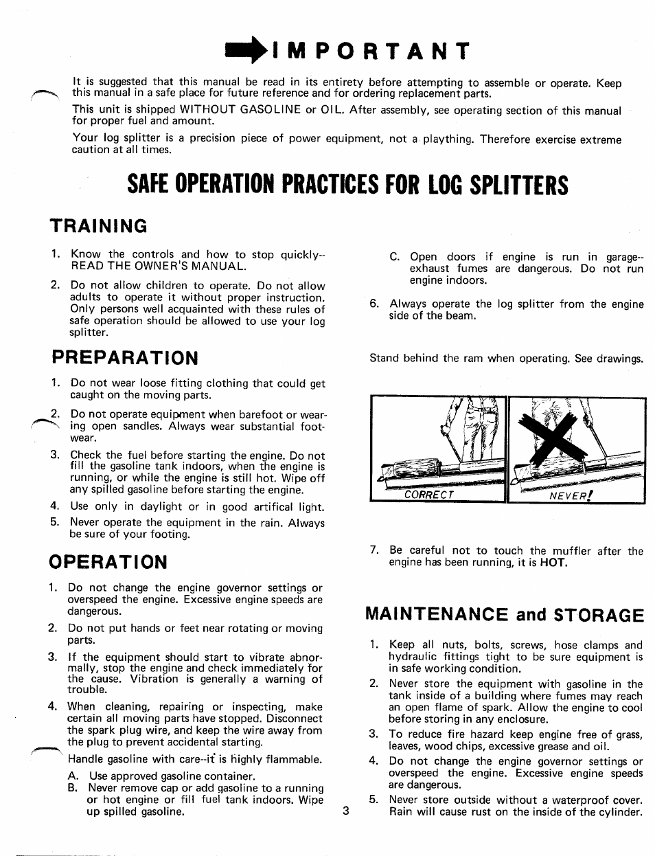 Important, Training, Preparation | Operation, Maintenance and storage, Safe operation practices for log splitters | Bolens 248-645A User Manual | Page 3 / 19