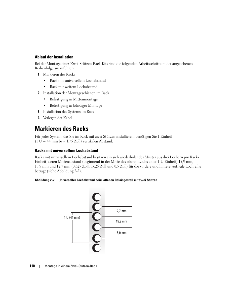Ablauf der installation, Markieren des racks, Racks mit universellem lochabstand | Dell PowerEdge SC1435 User Manual | Page 112 / 202