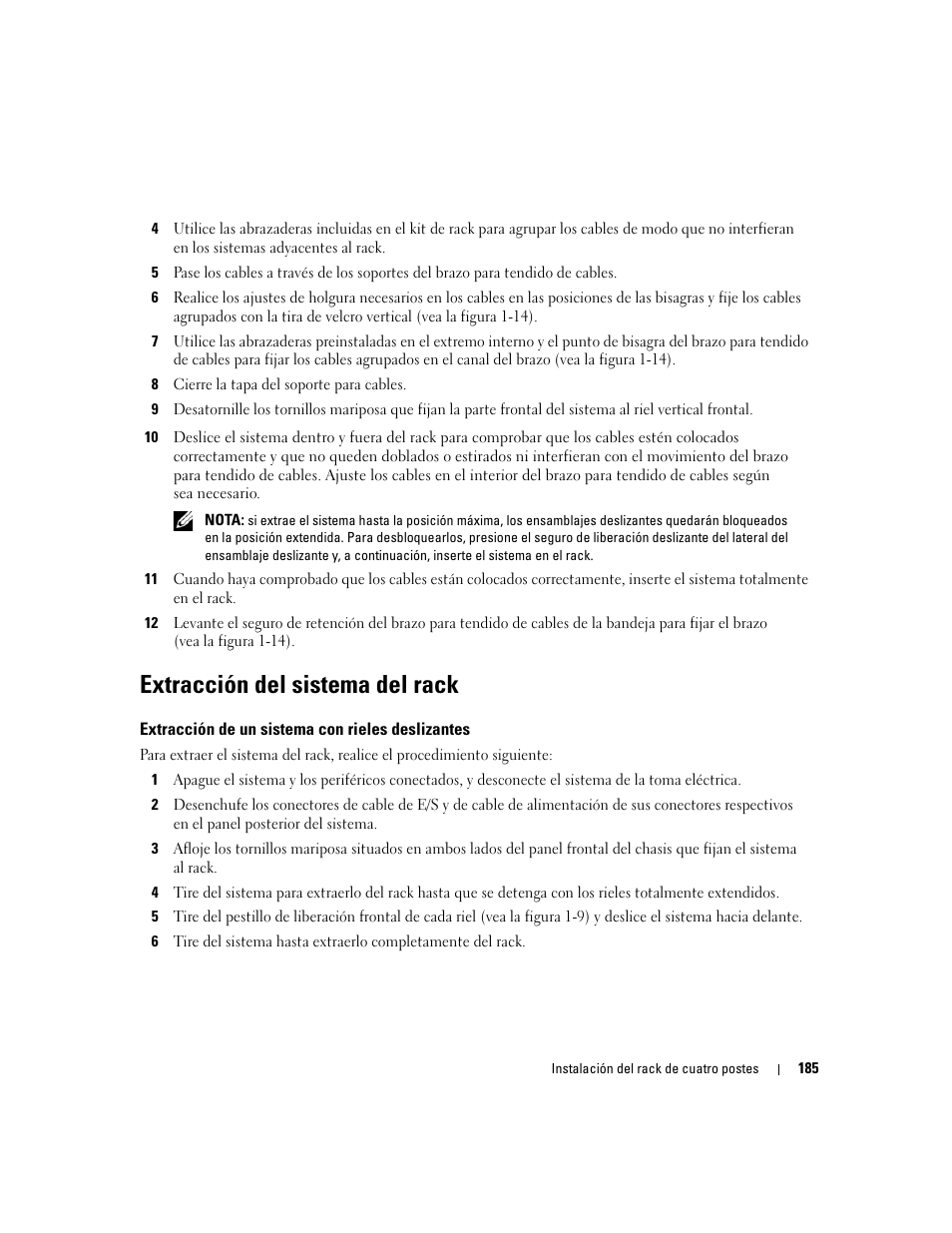 Extracción del sistema del rack, Extracción de un sistema con rieles deslizantes | Dell PowerEdge SC1435 User Manual | Page 187 / 202