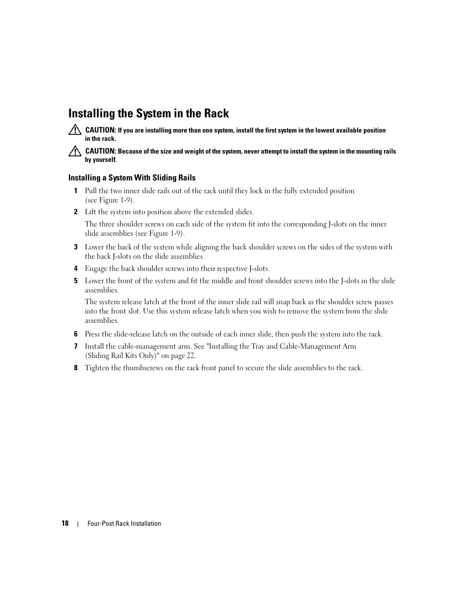 Installing the system in the rack, Installing a system with sliding rails | Dell PowerEdge SC1435 User Manual | Page 20 / 202