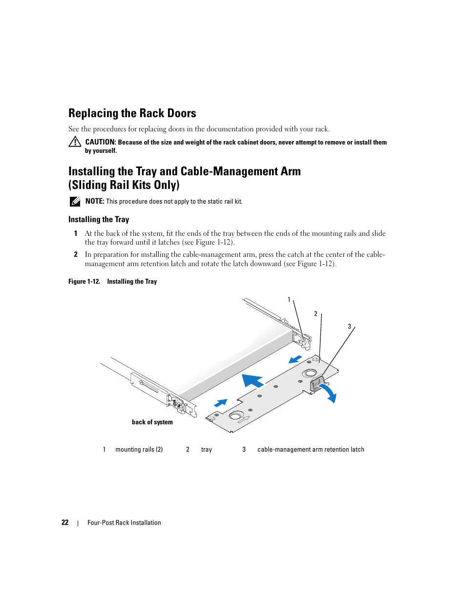 Replacing the rack doors, Installing the tray | Dell PowerEdge SC1435 User Manual | Page 24 / 202