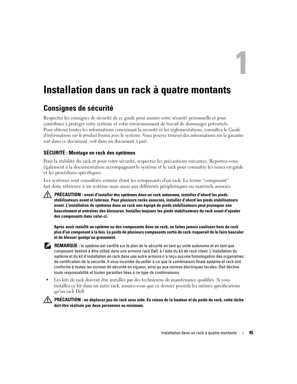Installation dans un rack à quatre montants, Consignes de sécurité, Sécurité : montage en rack des systèmes | Dell PowerEdge SC1435 User Manual | Page 47 / 202
