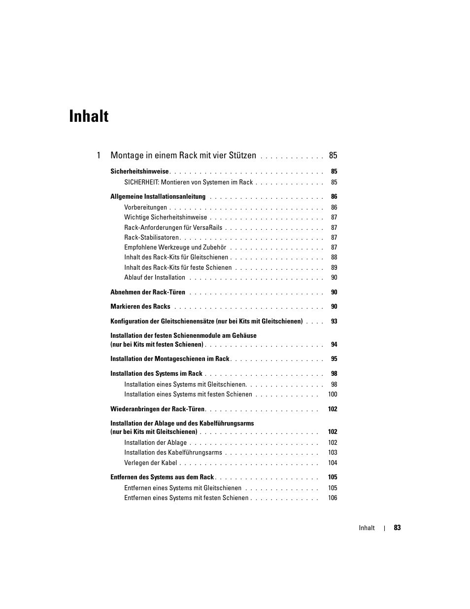 Inhalt, 1montage in einem rack mit vier stützen | Dell PowerEdge SC1435 User Manual | Page 85 / 202