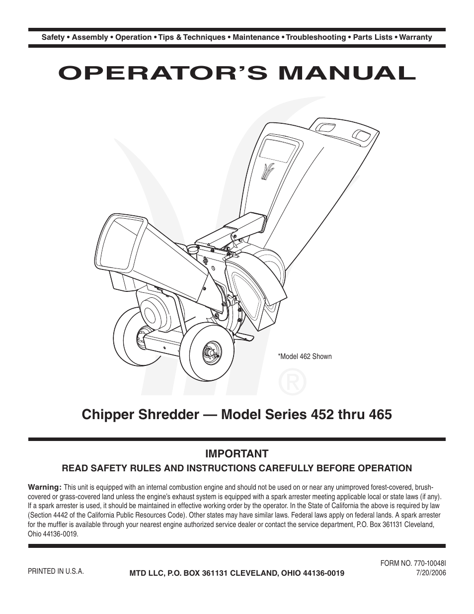 Bolens 452 Thru 465 User Manual | 20 pages