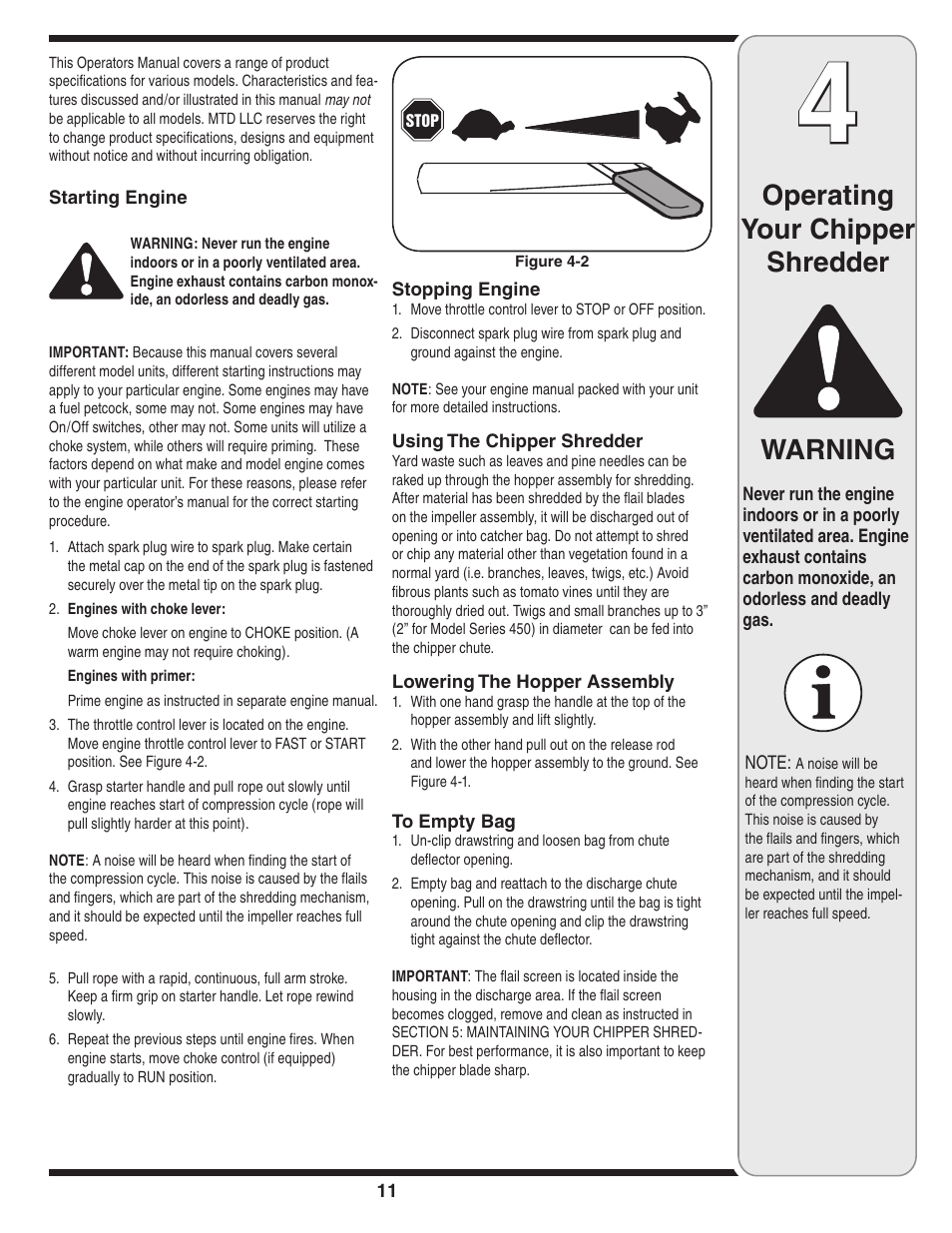 Warning, Operating your chipper shredder | Bolens 452 Thru 465 User Manual | Page 11 / 20