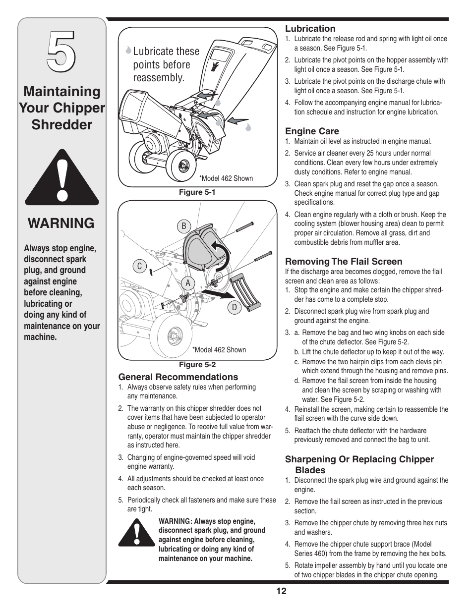 Maintaining your chipper shredder warning | Bolens 452 Thru 465 User Manual | Page 12 / 20