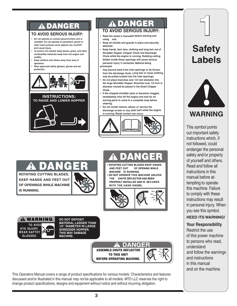 Safety labels, Warning | Bolens 452 Thru 465 User Manual | Page 3 / 20