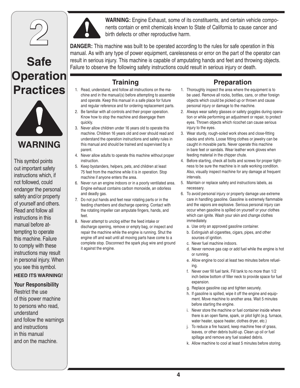 Safe operation practices, Warning | Bolens 452 Thru 465 User Manual | Page 4 / 20