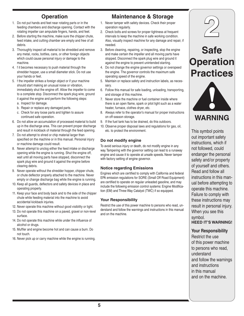 Safe operation practices, Warning, Operation | Maintenance & storage | Bolens 452 Thru 465 User Manual | Page 5 / 20