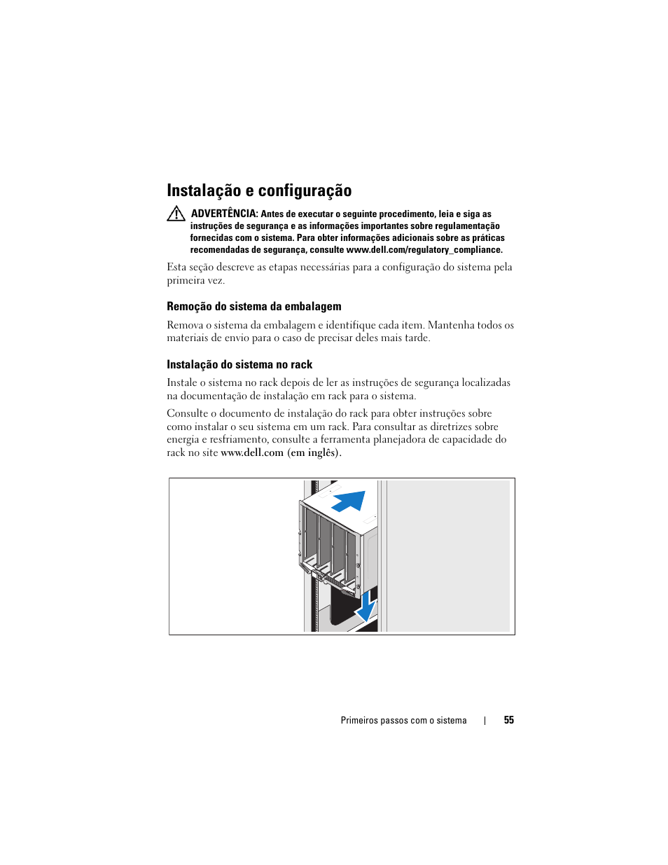 Instalação e configuração, Remoção do sistema da embalagem, Instalação do sistema no rack | Dell PowerEdge M600 User Manual | Page 57 / 90