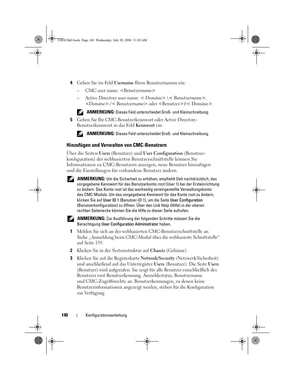 Hinzufügen und verwalten von cmc-benutzern | Dell PowerEdge M605 User Manual | Page 142 / 232