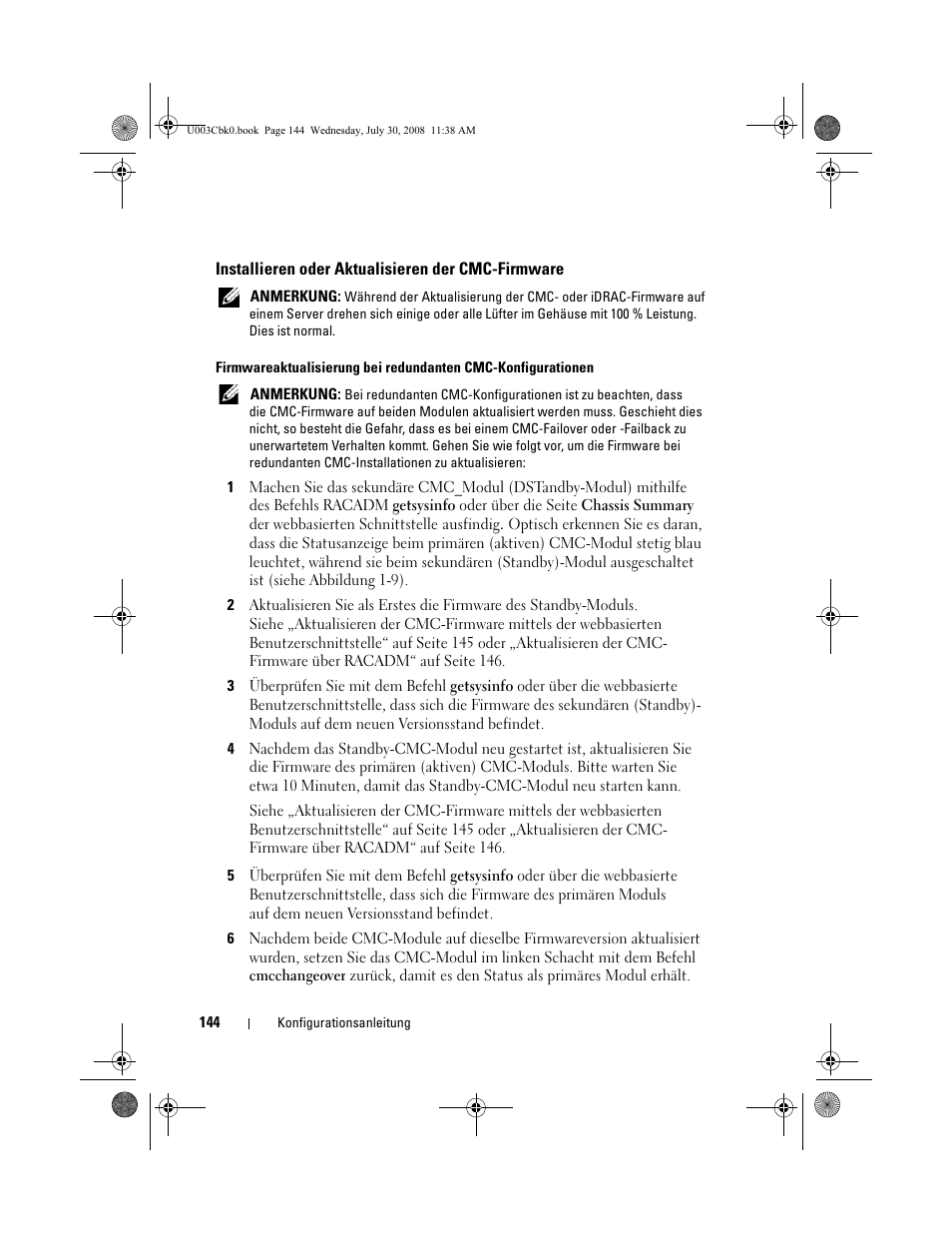 Installieren oder aktualisieren der cmc-firmware | Dell PowerEdge M605 User Manual | Page 146 / 232