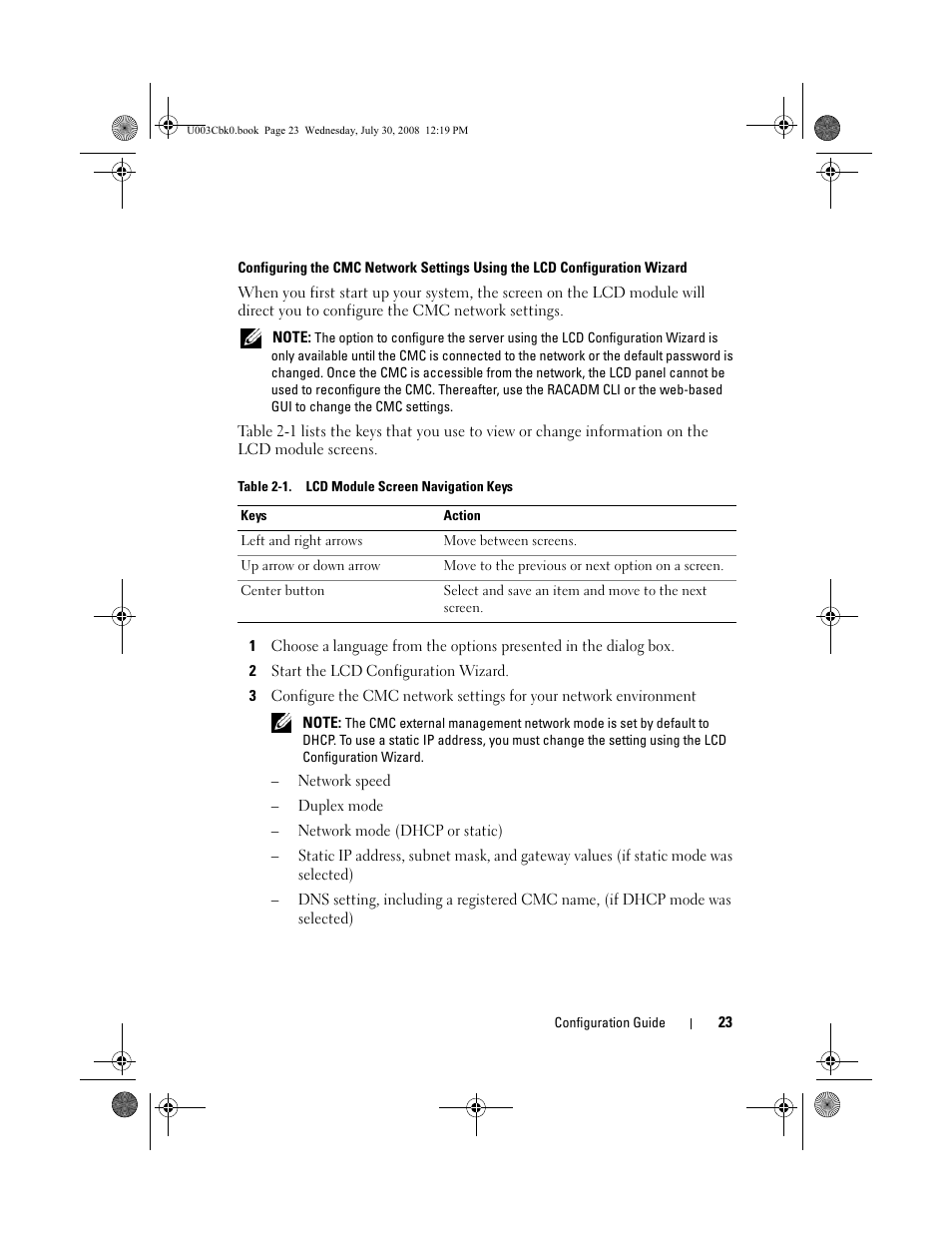 Table 2-1. lcd module screen navigation keys, 2 start the lcd configuration wizard | Dell PowerEdge M605 User Manual | Page 25 / 232