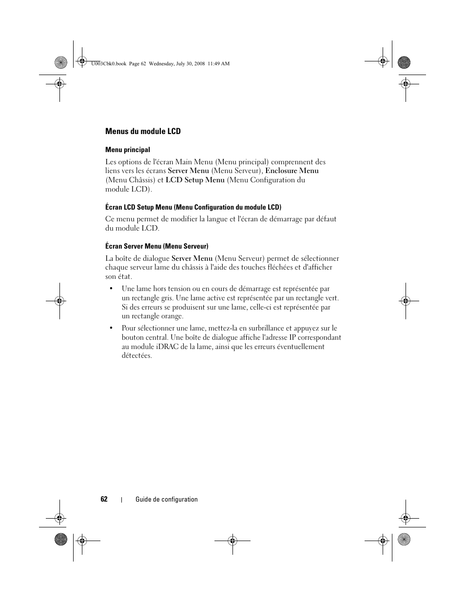 Menus du module lcd | Dell PowerEdge M605 User Manual | Page 64 / 232