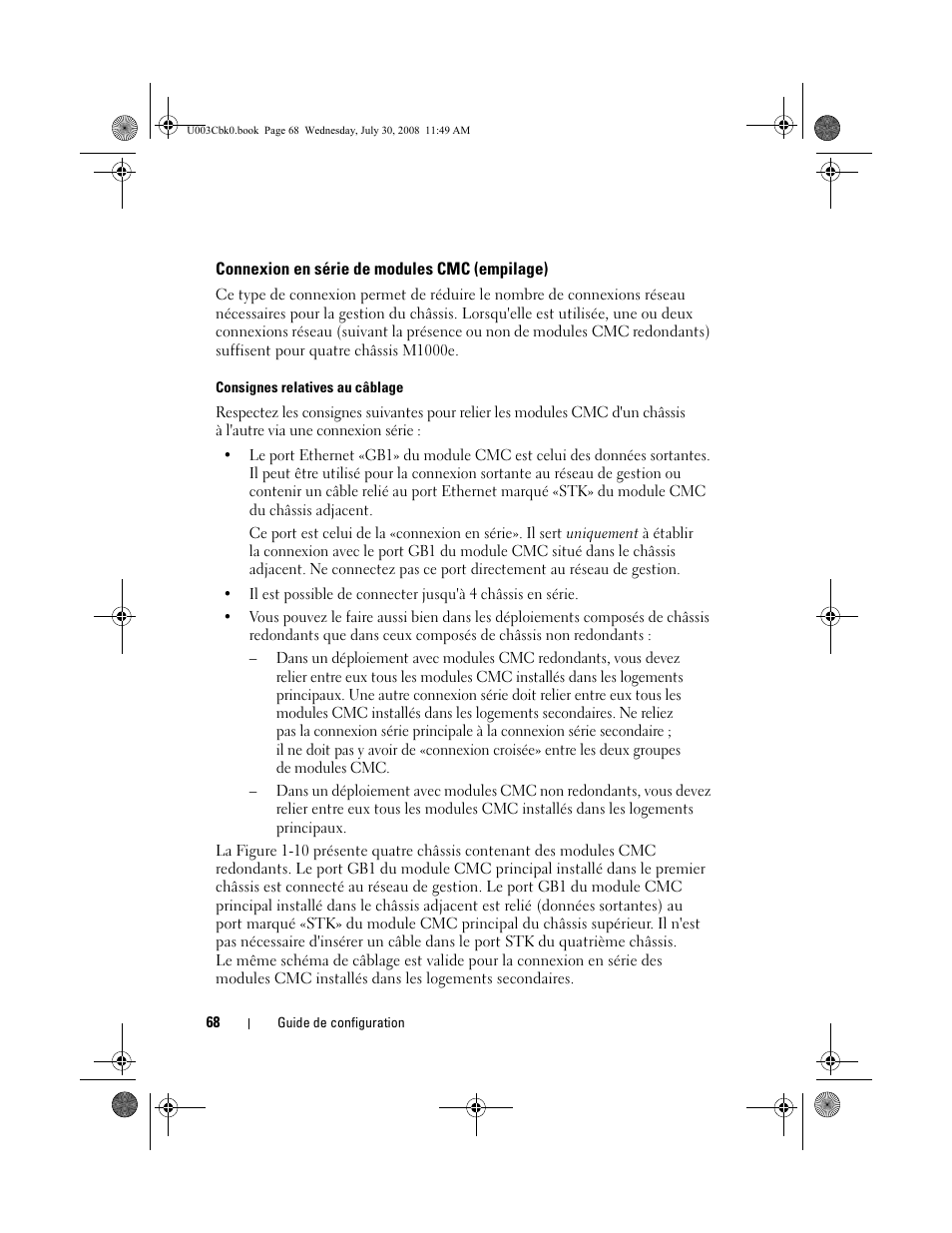 Connexion en série de modules cmc (empilage) | Dell PowerEdge M605 User Manual | Page 70 / 232