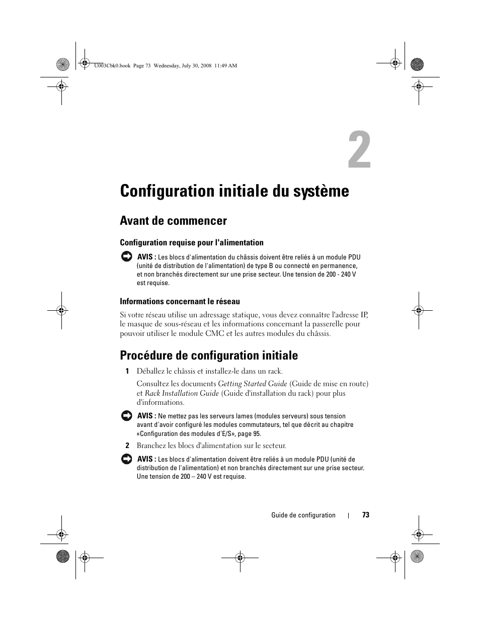 Configuration initiale du système, Avant de commencer, Configuration requise pour l'alimentation | Informations concernant le réseau, Procédure de configuration initiale | Dell PowerEdge M605 User Manual | Page 75 / 232