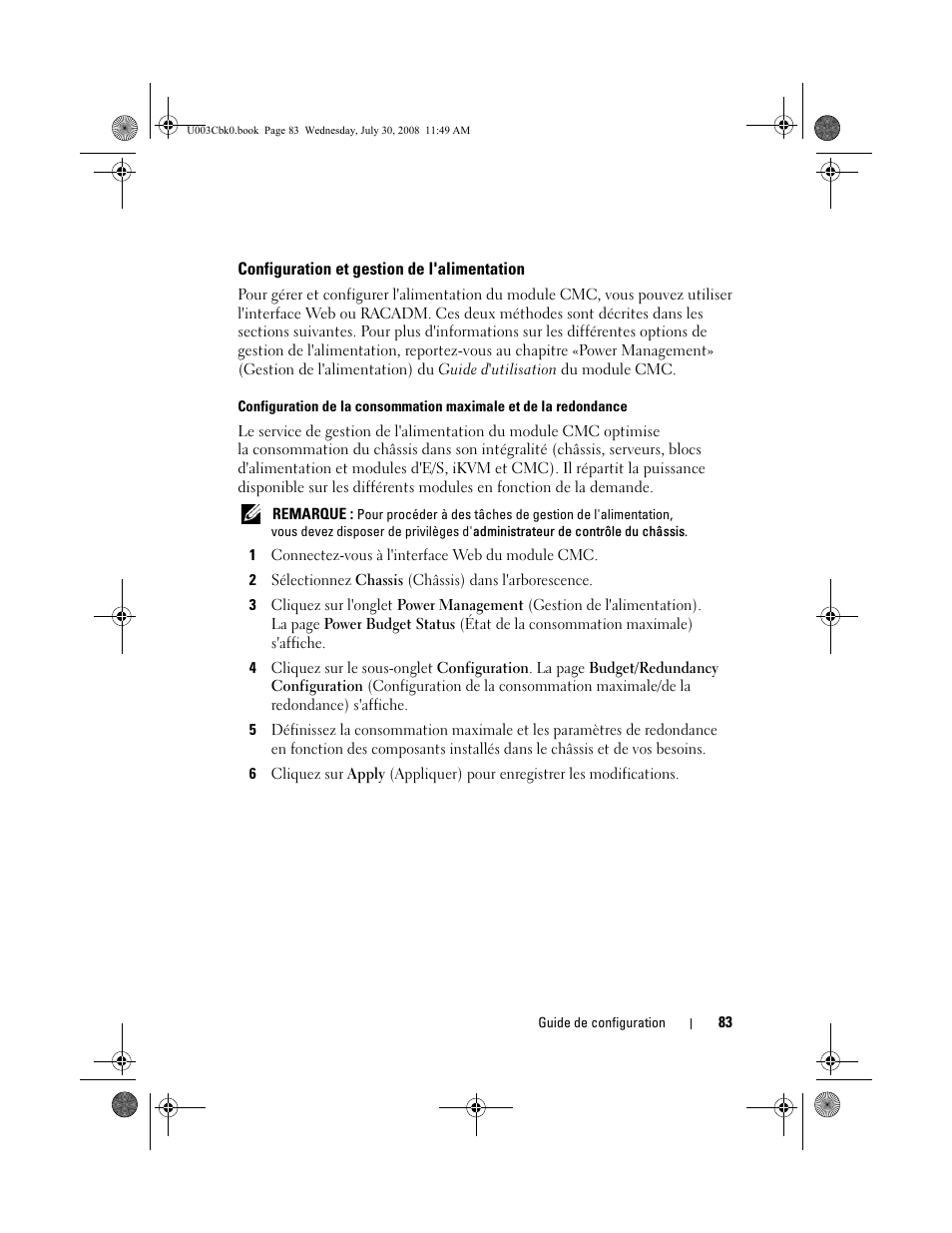 Configuration et gestion de l'alimentation | Dell PowerEdge M605 User Manual | Page 85 / 232