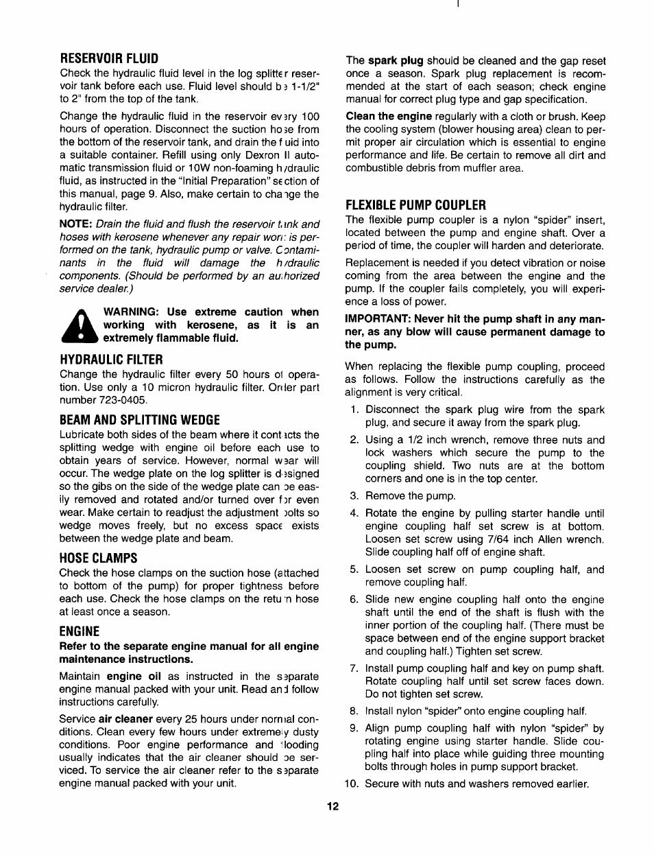 Reservoir fluid, Hydraulic filter, Beam and splitting wedge | Hdse clamps, Engine, Flexible pump cdupler | Bolens 522 User Manual | Page 12 / 20
