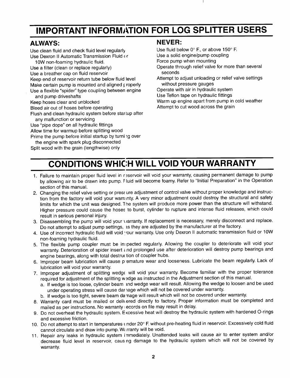 Important informivtion for log splitter users, Always, Never | Conditions whic:h will void your warranty | Bolens 522 User Manual | Page 2 / 20