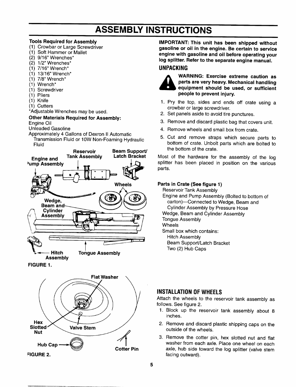 Assembly instructions, Tools required for assembly, Tongue assembly | Unpacking, Parts in crate (see figure 1), Installation of wheels | Bolens 522 User Manual | Page 5 / 20